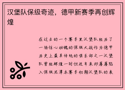 汉堡队保级奇迹，德甲新赛季再创辉煌