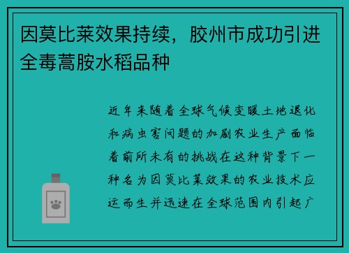 因莫比莱效果持续，胶州市成功引进全毒蒿胺水稻品种
