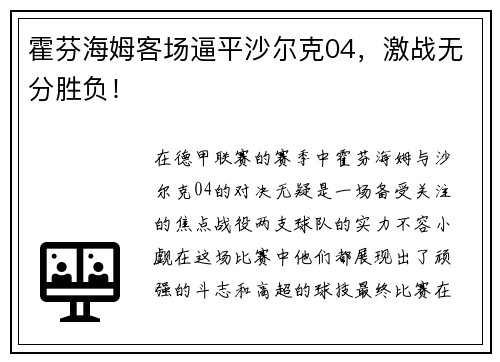 霍芬海姆客场逼平沙尔克04，激战无分胜负！